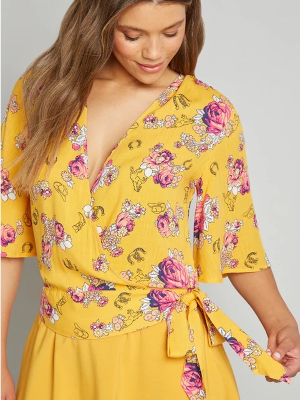 Yellow Floral Wrap Top with Pink Rose Print